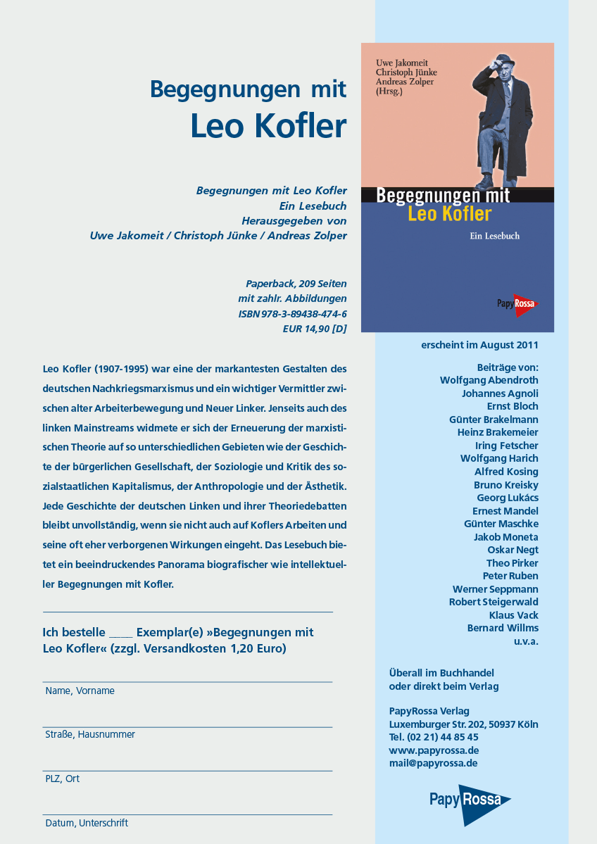 Werbeflyer zur Veröffentlichung des Bandes Begegnungen mit Leo Kofler
