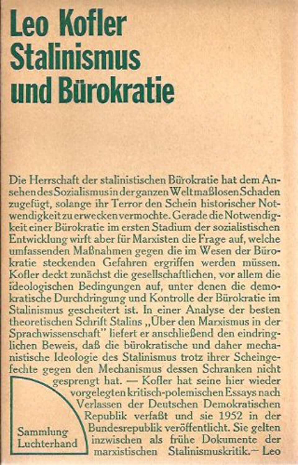 Buchcover „Stalinismus und Bürokratie“ von Leo Kofler, 1970